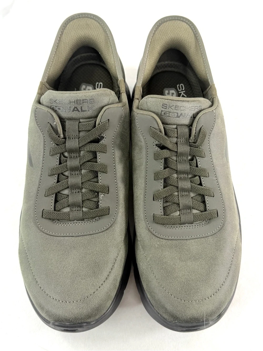 Skechers Men Size 11 Olive Shoe Faux Suede Slip Ins GO WALK Flex Smooth Motion